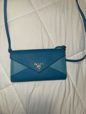 Prada Teal Blue Saffiano Leather Crossbody Wallet